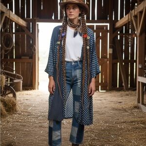 Magnolia Pearl Navy Blue Textured Polka Dot Kimono Duster